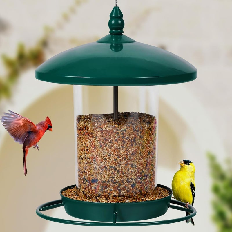 Youvip Metal Bird Feeder for Outdoors Hanging,3.0LB Seed Feeder,Easy to Fill & Clean,360° Feeding,Chew Proof Weatherproof Roof for Gardens and Wild Birds,Green - Image 1
